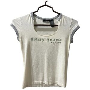 DKNY Cream Scoop Neck Tee with Gray Trim